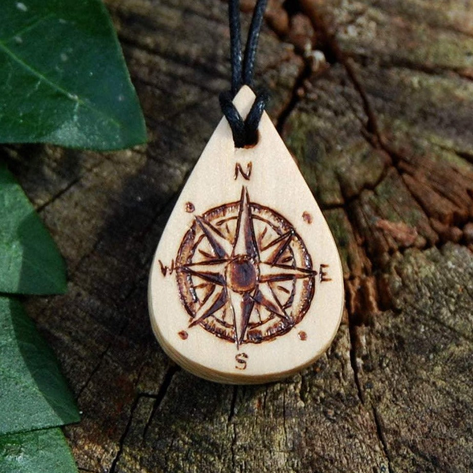 Hand Carved and Woodburned Compass Pendant