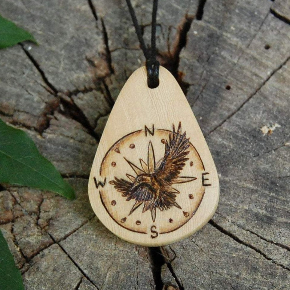 Crow  and Compass Yellow Cedar Pendant